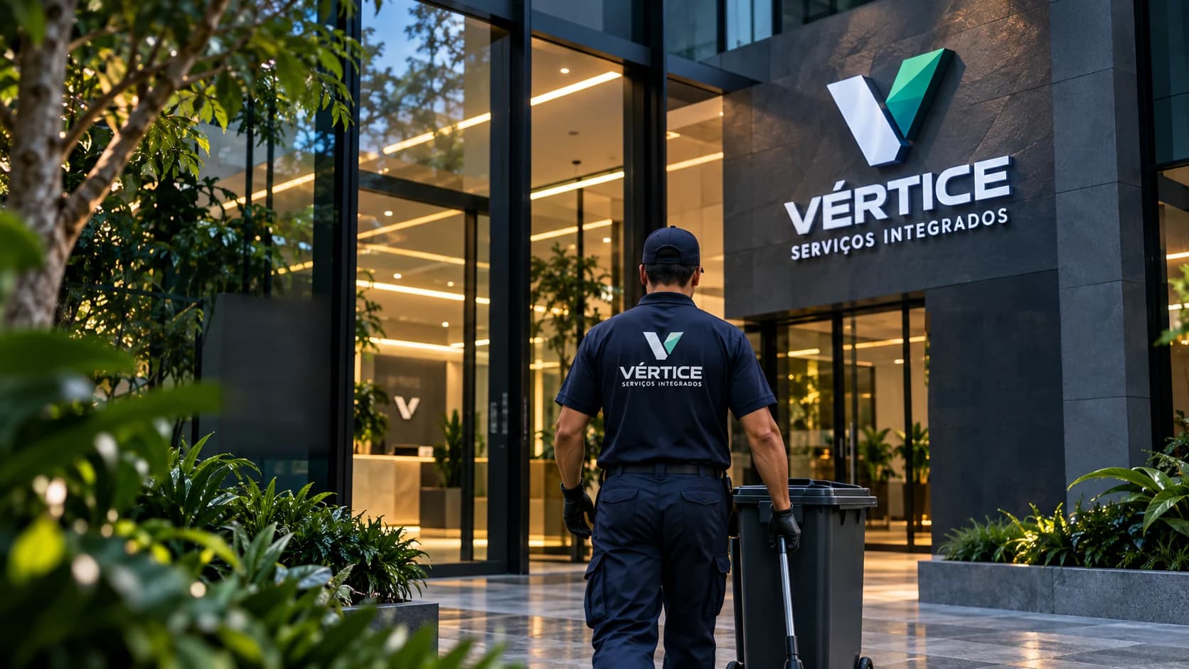 Profissional uniformizado da Vértice atuando em ambiente corporativo
