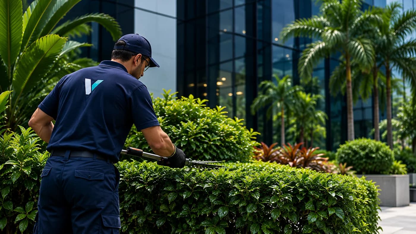 Profissional da Vértice realizando manutenção de áreas verdes em ambiente corporativo
